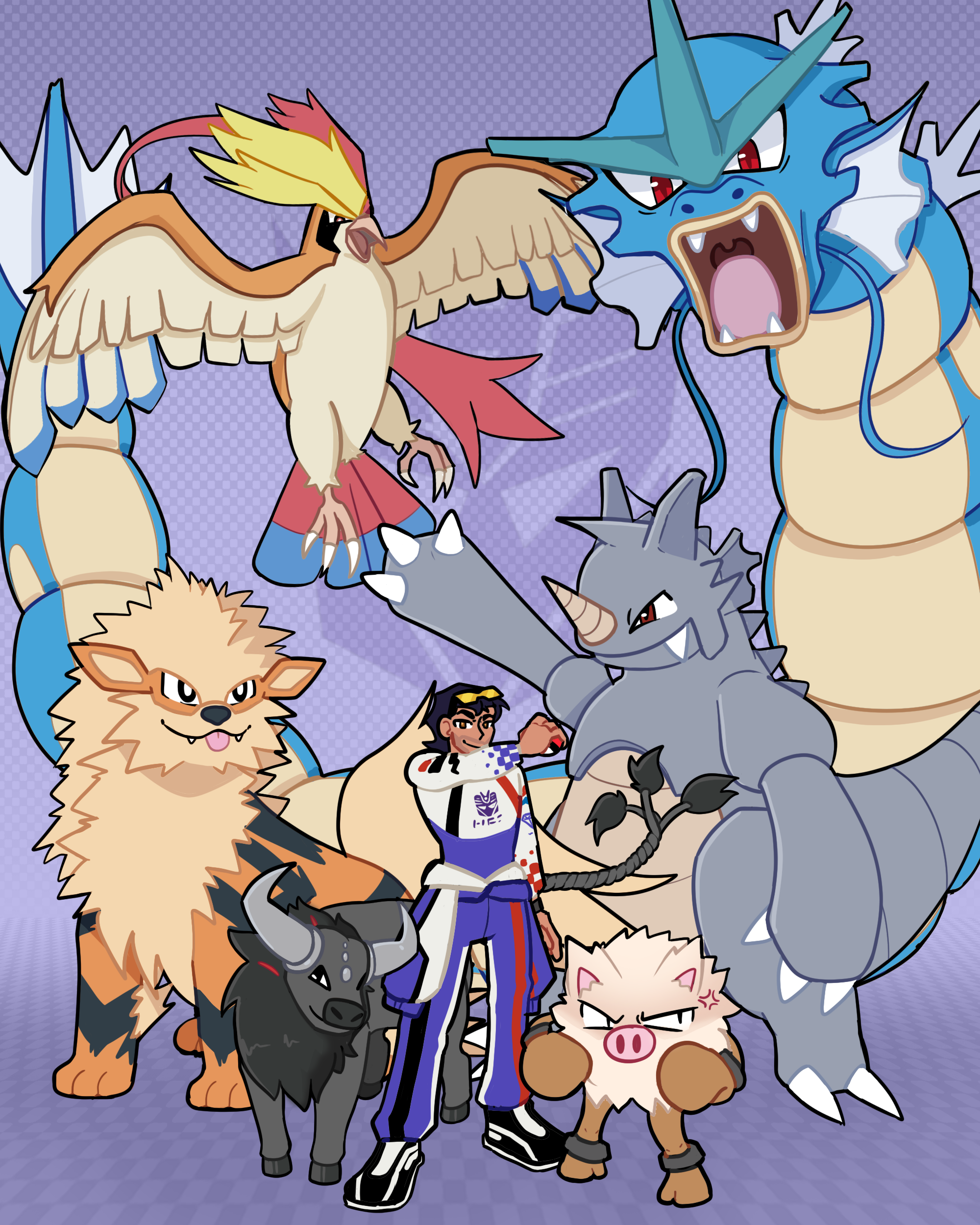 Art trade for Pidgea of her human design of Breakdown (Transformers) with his Pokemon team