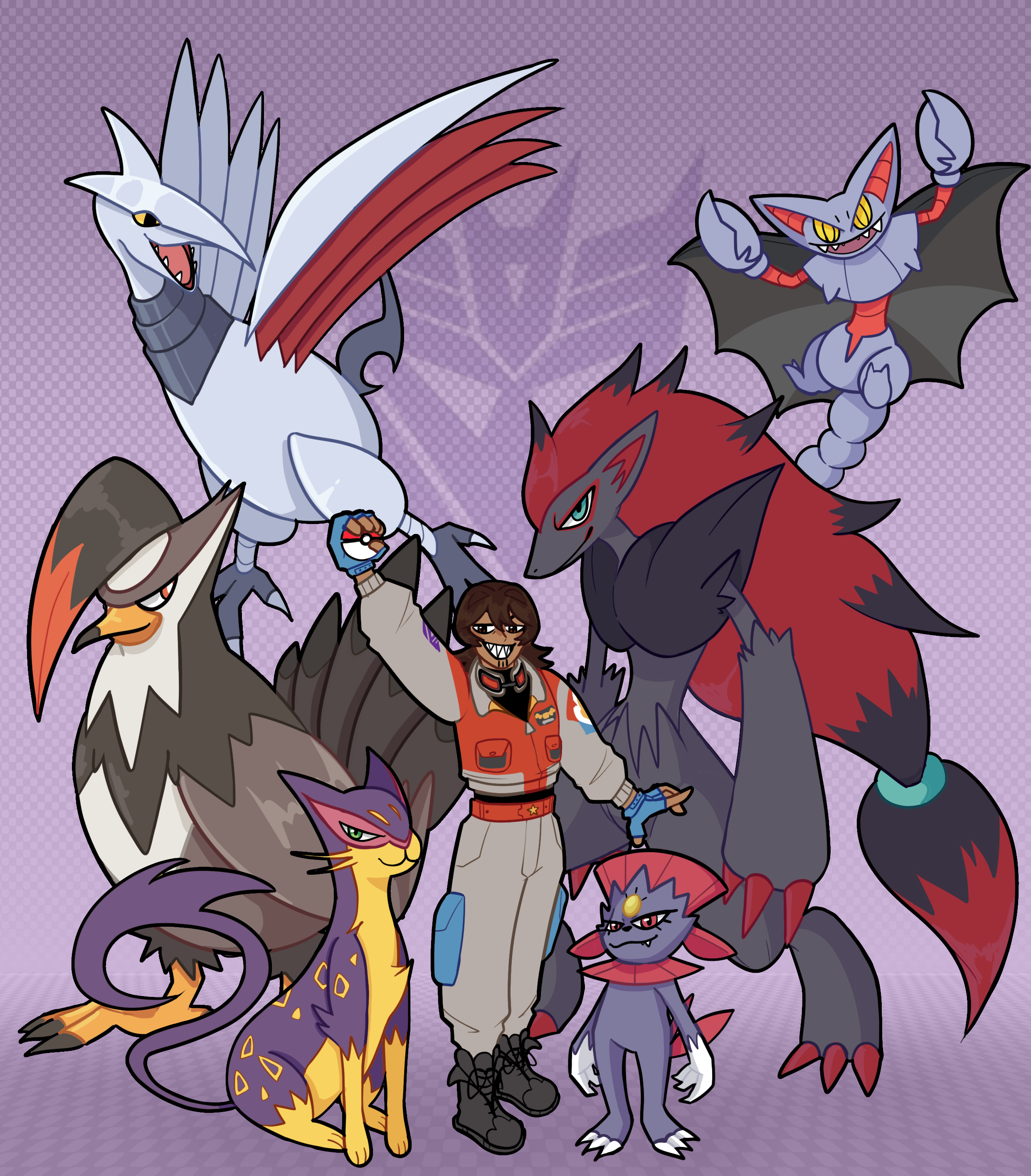 Art trade for Wheiko of her human design of Starscream (Transformers) with his Pokemon team